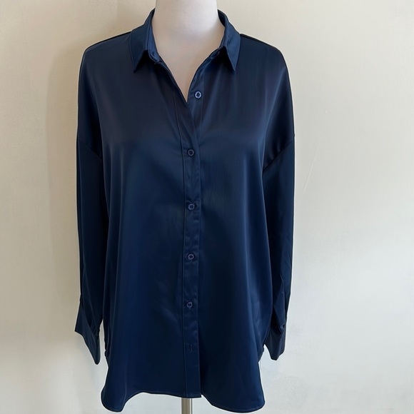 Nasty Gal Tops - Nasty Gal Navy Satin Button Down Shirt
